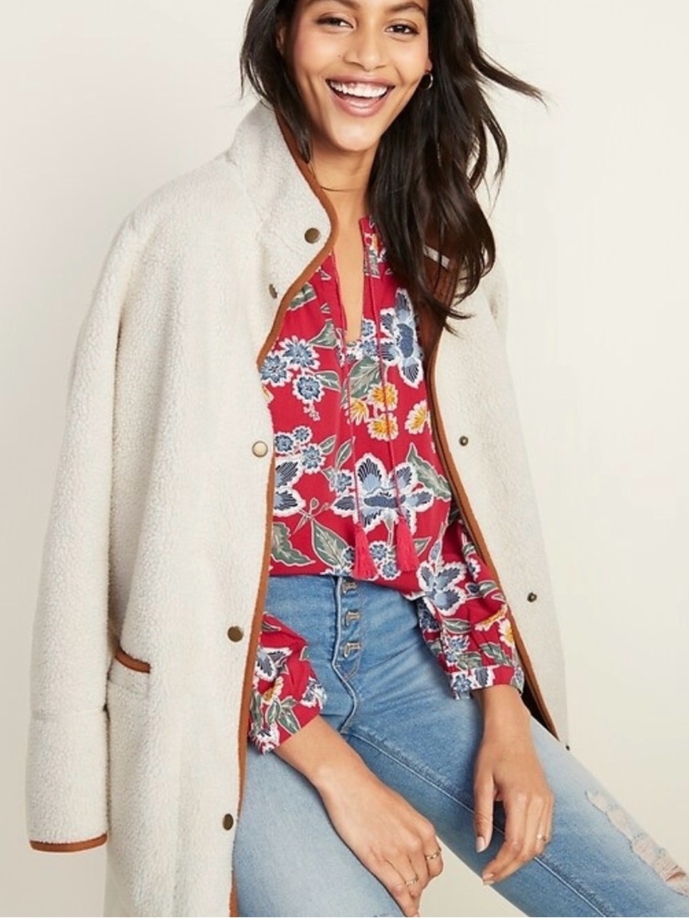 Old Navy Cream Sherpa Jacket with Tan Trim